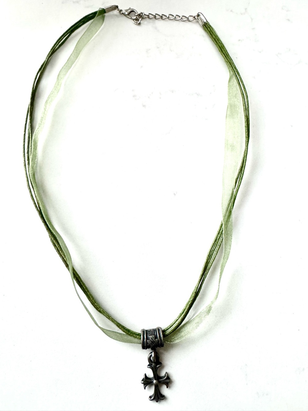 Antique Silver Toned 16”-18” Cross Necklace, Green Ribbon Cord NWOT - Picture 3 of 5